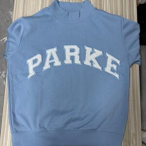 Parke Women's Sky Blue Mock Neck Sweatshirt with White Lettering